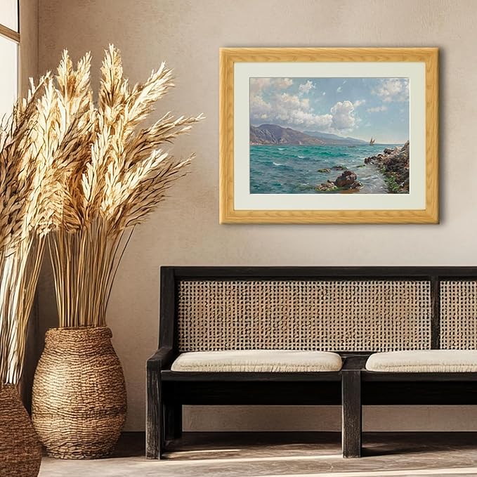 Brivoria Framed Canvas Wall Art Vintage Decor, Coastal Landscape with Sailing Boats Mountain Cliffs Blue Ocean and Sunlit Sky Canvas Print with Mat for Living Room Statement Wall Display 16"x20"