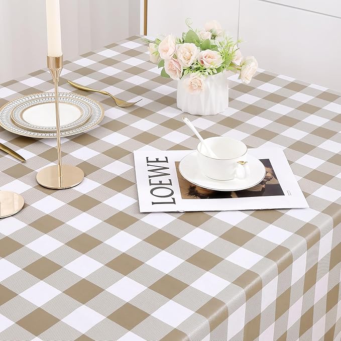 misaya Rectangle Waterproof Vinyl Table Cloth, Buffalo Flannel Backed Tablecloth, Wipeable Plastic Table Cover for Fall, Thanksgiving (52" x 70", Khaki and White)