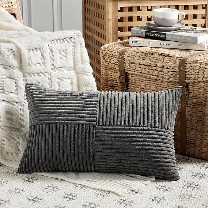 Fancy Homi 4 Packs Dark Gray Decorative Throw Pillow Covers 20x20 Inch for Living Room Couch Bed Sofa, Farmhouse Boho Home Decor, Soft Cross Corduroy Patchwork Accent Square Cushion Case 50x50 cm