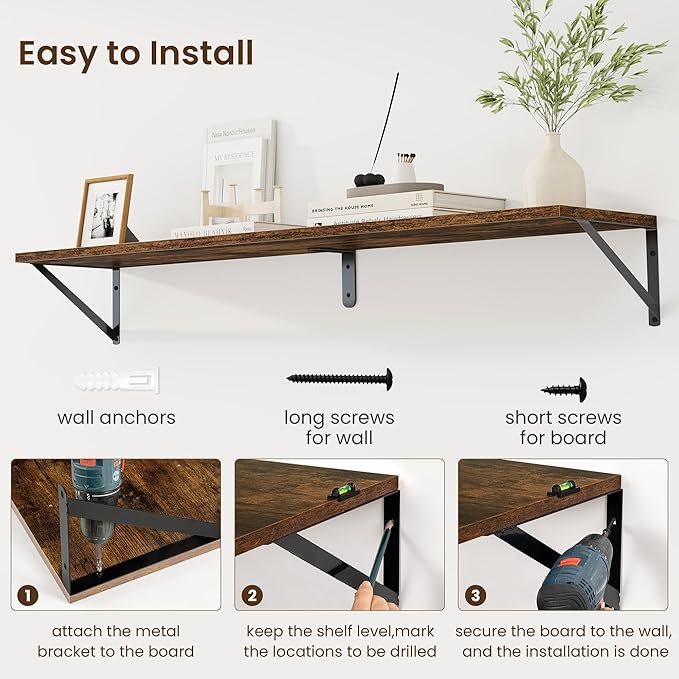 Fun Memories Deep Floating Shelves for Wall, 48W x 8D Wall Mounted Shelves Set of 2, Wide Display Ledge Shelf with Sturdy Metal Brackets for Living Room, Bathroom, Bedroom and Kitchen, Rustic Brown