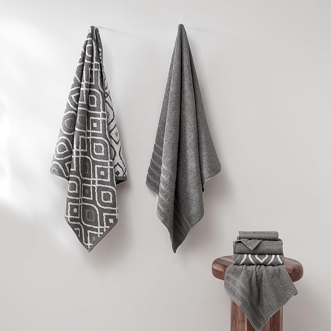 Modern Threads Oxford 6-Piece 100% Cotton Towel Set – Yarn Dyed Jacquard & Solid – Includes 2 Bath Towels, 2 Hand Towels, 2 Washcloths – Absorbent, Quick Dry, Soft & Durable – Gray