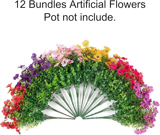 Artificial Flowers for Outdoor Indoor Garden Home Decoration, Faux Flower Daisy with Eucalyptus Leaves Fake Plants Greenery Boxwood Porch Patio, 12 Bundles (6 Multicolor)