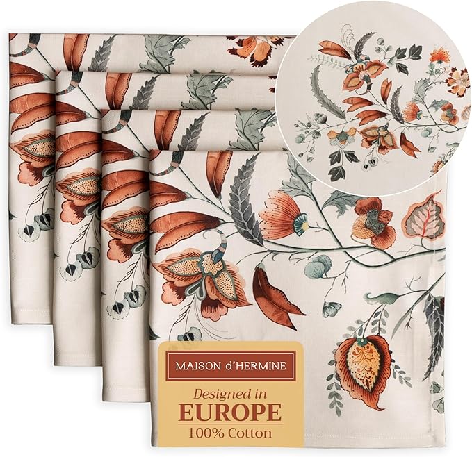 Maison d' Hermine Cloth Napkins Set of 4 100% Cotton Everyday Reusable Square Napkins Cloth Washable, Dinner, Party, Wedding, Restaurant (Dalida, 20" x 20")