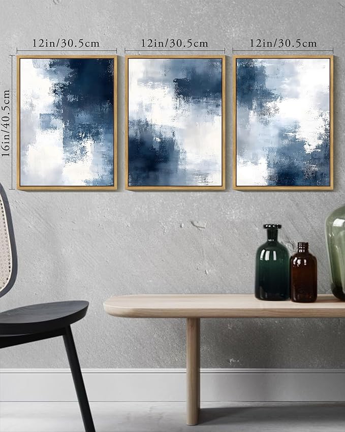 KUVIOKE Navy Blue Abstract Wall Art Framed Neutral Brush Strokes Block Shape Mid Century Art Prints Minimalist Modern Illustrations Bedroom Hallway 12x16in (Natural Framed)