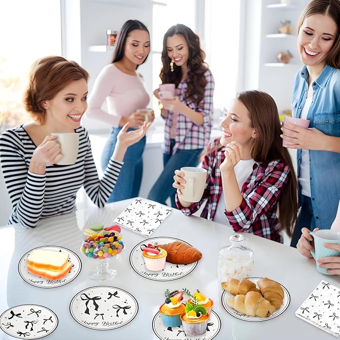 180Pcs Black Bow Birthday Party Supplies Paper Plates and Napkins Serve 60 Disposable Tableware Set for Birthday Party Decorations Game Day Family School Holiday Sports Events