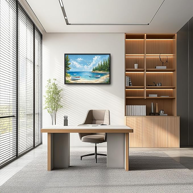 Framed Large Wall Art for Living Room, Beach Boat Canvas Wall Decor, Large Coast Sailboat Picture Framed Painting, Modern Artwork for Bedroom Office 36L'' × 24W''