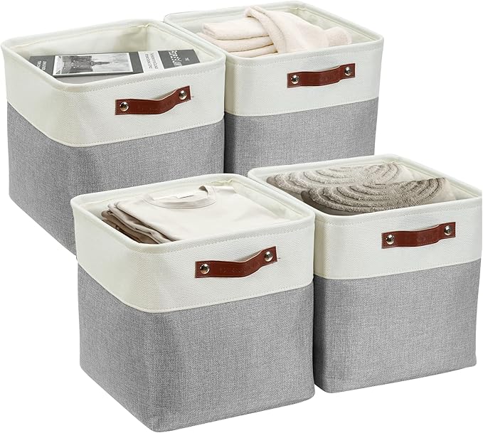 DECOMOMO Storage Cubes, 12x12 Storage Bins, Baskets for Shelves (Grey & White, Cube 12" - 4 Pack)