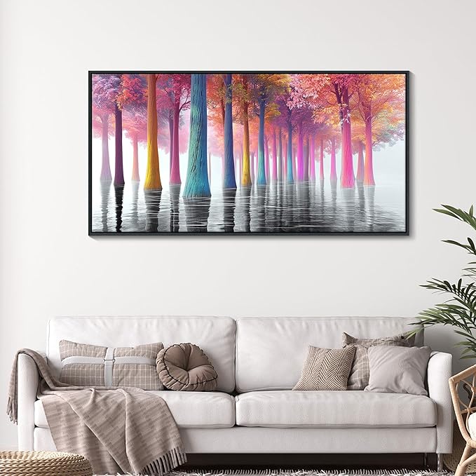 JEAWA Framed Wall Art Canvas - Black and White Lake Landscape Wall Pictures Large Colorful Tree Paintings Artwork Ready to Hang Living Room Bedroom Kitchen Home Office Forest Decor 24x48 IN