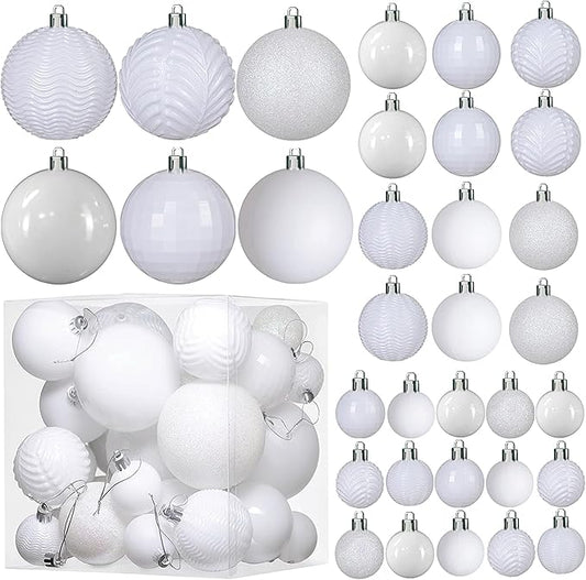 Prextex 36pc Shatterproof White Christmas Balls Ornament Set - Festive Christmas Tree Ornaments in 3 Different Sizes and 6 Styles - Holiday Decoration with Hanging Loops for Tree, Wreath, Party Decor