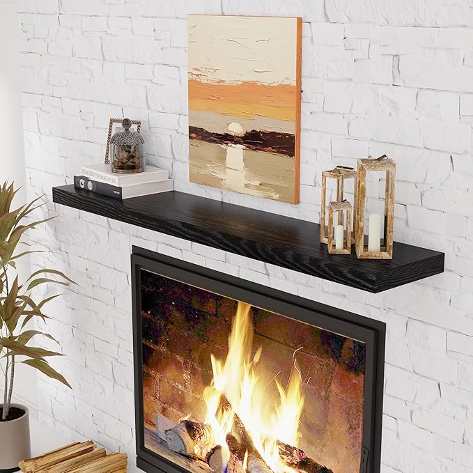 55 Inch Floating Shelves Black, Rustic Wood Floating Shelf Wall Mounted, 9.3 Inch Deep Floating Shelf for Kitchen, Bedroom, 55 x 9.3 Wall Shelves for Home Storage, Set of 1