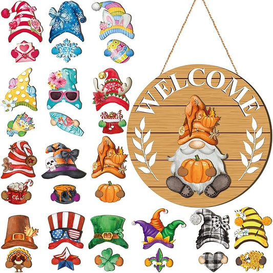 Qunclay Interchangeable Wooden Gnome Decor Holiday Seasonal Gnome Decorations with Magnet Pieces and Detachable Hats Changeable Welcome Sign for Home(Fresh Style)