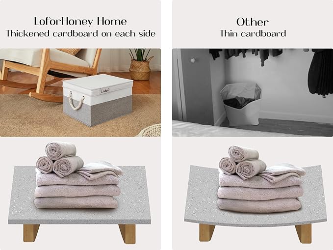 LoforHoney Home Fabric Storage Bins with Lids for Organizing, Foldable Closet Storage Boxes for Shelves, Clothes Baskets with Cotton Rope Handles, XLarge, Beige & Gray, 2-Pack