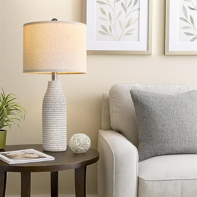 25" Ceramic Table Lamps for Living Room, Modern Design Bedside Lamps Set of 2, Nightstand Lamps for Bedroom with Rotary Switch, Gray and White