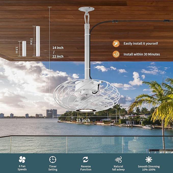 15" Outdoor Ceiling Fan with Light, Waterproof Gazebo Fan Remote Control, Dimmable LED Light, Hanging White Caged Ceiling Fixtures with Plug in Cord for Pergola