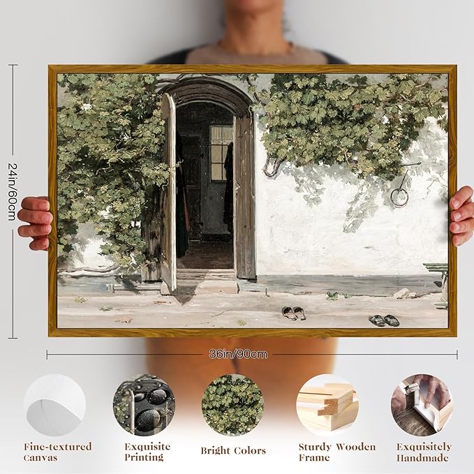 crmotu Vintage Framed Wall Art, Landscape Wall Art, Rustic Scenery Canvas Pictures, Green Plant Art Prints, Hotel Entrance Retro Paintings for Living Room Bedroom Modern Home Decorations 24x36in