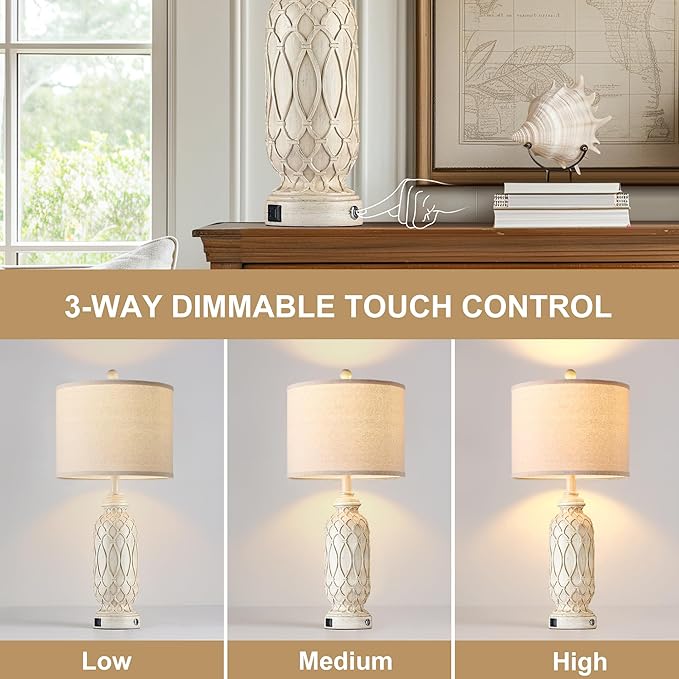 28" Table Lamps for Living Room Set of 2, Farmhouse Lamps for Bedroom with USB Ports, 3-Way Dimmable Nightstand Table Lamp (Bulbs Included)