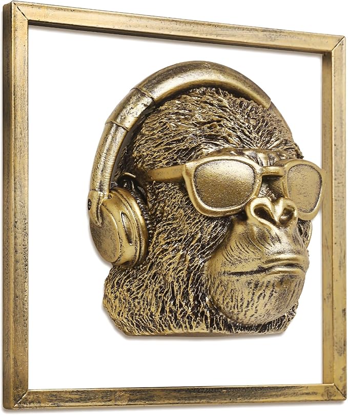 Animal Heads Wall Decor (Includes Metal Frame) Resin Animals Sculptures Head Wall Hanging Decoration Gold vintage Wall Sculpture for Living Room Bedroom Office (Gorilla)