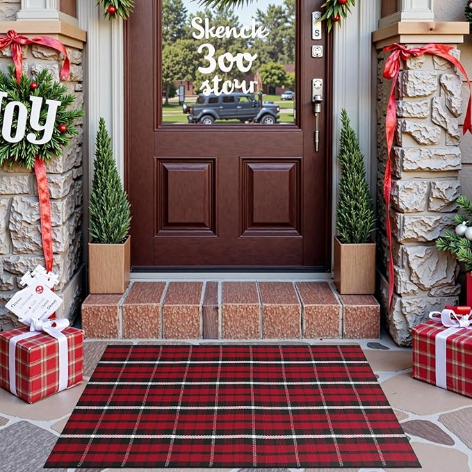 OJIA Christmas Front Door Mat Outdoor 27.5"x43" Red Plaid Porch Rug Machine Washable Entryway Rugs Indoor Layered Door Mats Outdoor Doormat Cotton Area Rug Rug for Bathroom/Bedroom