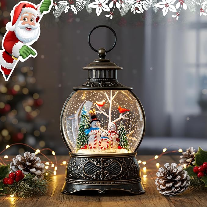 Christmas Snow Globe Lighted Snowman Family&Cardinal Scene, Musical Snow Water Lantern Swirling Glittering Home Decoration and Gift, Battery Operated or USB Powered