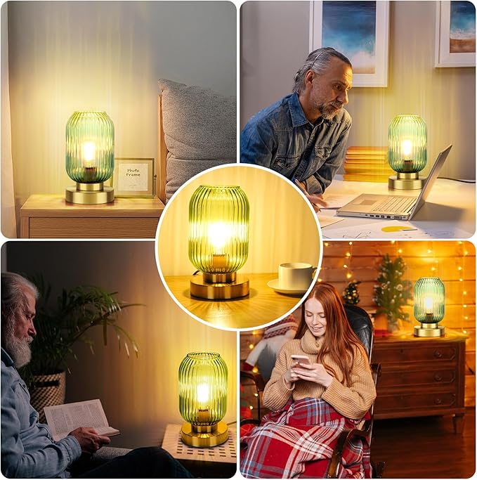 Touch Control Mid Century Modern Table Lamp, 3 Way Dimmable, Green Glass, Small Gold, Vintage Bedside Lamp for Bedroom, Living Room,Office