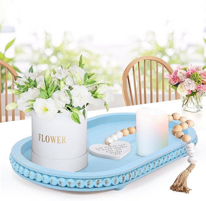 HPC Decor 15in Oval Light Blue Wood Beaded Tray for Home, Decorative Serving Tray, Rustic Farmhouse Wooden Trays for Vintage Centerpiece, Kitchen Counter, Living Room, Coffee Table