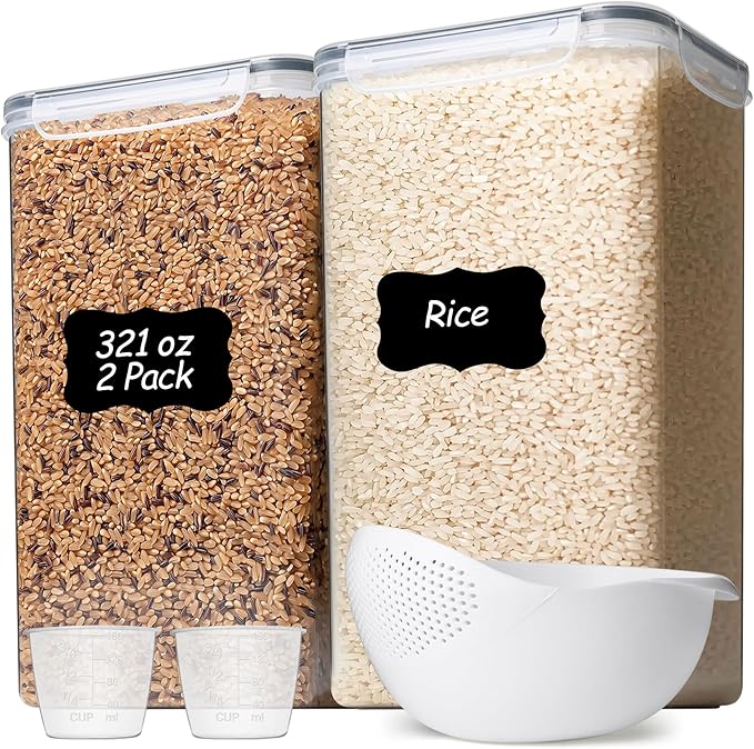 ComSaf Rice Container Set of 2(9.5L/321OZ), Large Airtight Food Storage Containers with Lid and Rice Washer, Plastic Canisters Sets for The Kitchen, Pantry Organizers for Flour, Cereal and Cooking