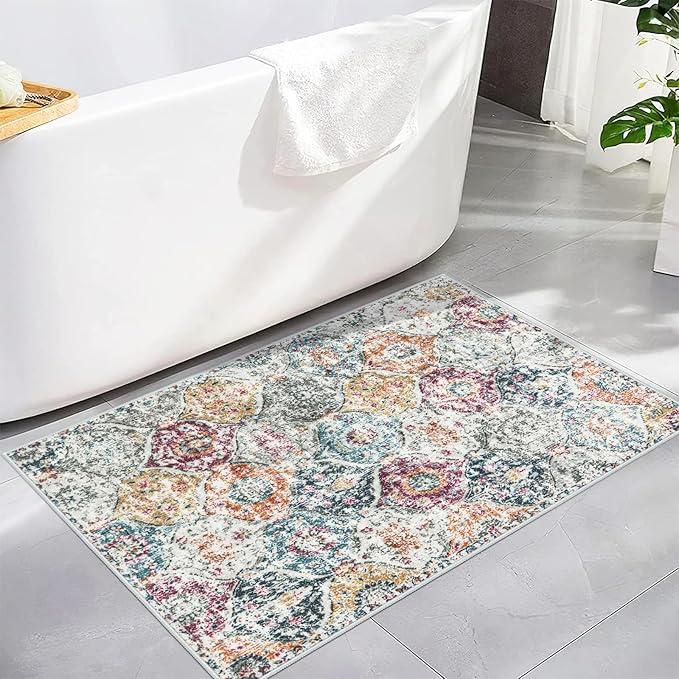 Lahome Moroccan Trellis Entryway Rug, 2x3 Kitchen Rugs Non Slip Washable, Non-Slip Indoor Door Mat Ultra-Thin, Small Throw Carpet for Bathroom Bedroom Entry, Aqua/Multi