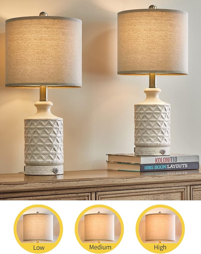 PoKat 20" Bedroom Lamps Set of 2, 3 Way Dimmable Farmhouse Table, Ceramic Nightstand Lamps for Living Room, Bedside Lamps for Bedroom End Table White