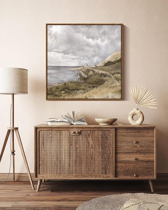 InSimSea Square Framed Canvas Wall Art, Large Decor Danish Coastal Landscape Paintings, Seaside Scenery Wall Pictures for Bedroom Bathroom Living Room, Canvas Prints Vintage Decor 24"x24"