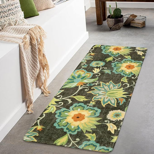 Lahome Floral Hallway Carpet - 2x5 Washable Non-Slip Low-Pile Kitchen Laundry Room Rug, Soft Paisley Print Modern Indoor Rug for Living Room Bathroom Entrance