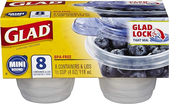 Glad GladWare Mini Round Food Storage Containers - Small Meal Container Holds up to 4 Ounces of Food - Lock Tight Seal, 8 Count - 12 Pack