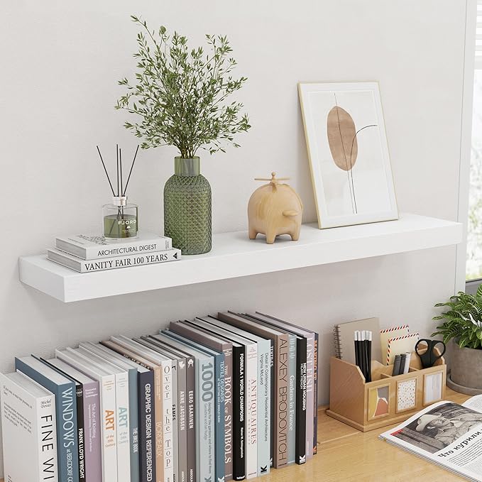 fuqing 36 Inch White Floating Shelves for Wall, Solid Wood White Floating Shelves Set of 2, Lightweight Wood Wall Mounted Shelves for Bathroom Bedroom Living Room Kitchen