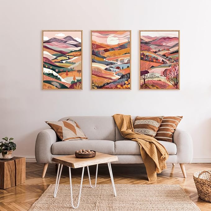 KAIRNE Boho Colorful Mountain Canvas Wall Art Set, Abstract Pink Mountains Forest Artwork, 3 Panels Framed Modern Nature Landscape Home Decor for Living Room, Bedroom, Office, 16x24 Inch Wall Decor