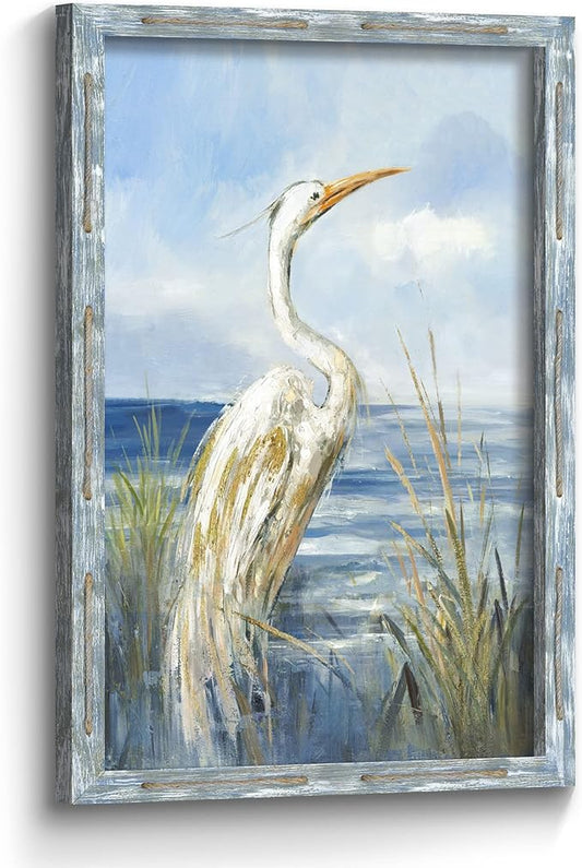 Sea Bird Wall Art Painting: Framed Wooden Blue Coastal Ocean Scene Artwork Heron on Beach Picture Modern Bedroom Bathroom Living Room Decoration Home Office Decor 36”x24”