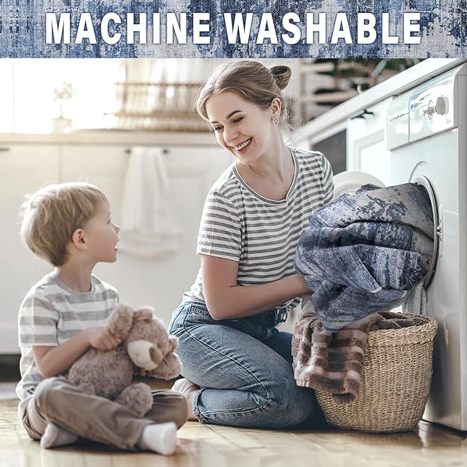 Area Rug Living Room Rugs: 5x8 Rug for Bedroom Machine Washable with Non Slip Backing Non Shedding Abstract Stain Resistant Large Carpet for Dining Room Nursery Home Office - Beige/Blue