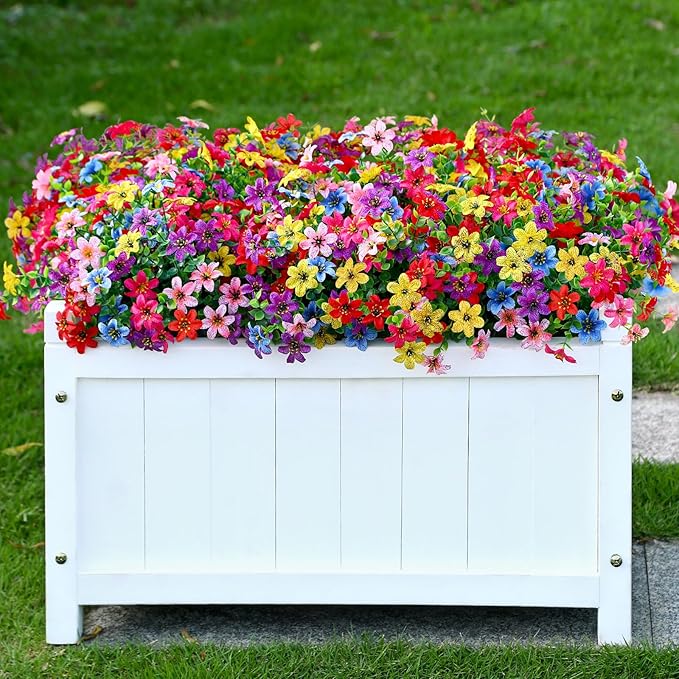 SHareconn Artificial Flowers for Outdoors Spring Decoration, Fake Silk Realistic Faux Plants UV Resistant for Outdoor Planter Porch Patio Summer Outside Decor,20 Bundles,RedRosyPurpleBlueYellowPink