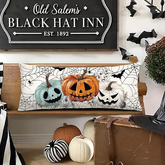 Baccessor Halloween Pillow Cover 14x36 Inch, Pumpkins Bats Spider Web Long Pillow Case Halloween Decor for Cushion Sofa Couch Indoor Outdoor Decoration 1 Piece