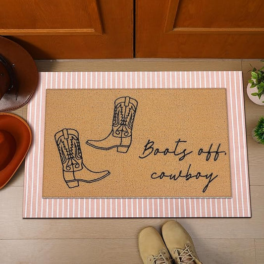 2 Pcs Fall Door Mat Western Cowboy Welcome Non Slip Coir Mats Pink Stripe Floor Layering Doormats Seasonal for Front Porch Entryway Decor(Cowboy)
