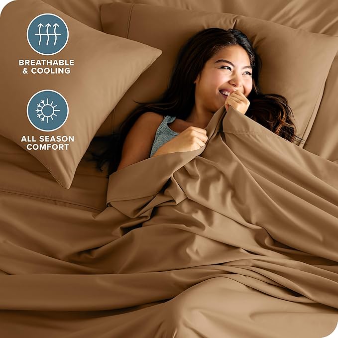 Bare Home Twin Sheet Set - 1800 Ultra-Soft Microfiber Bed Sheets - Double Brushed - Deep Pockets - Easy Fit - Extra Soft - 3 Piece Set - Bedding Sheets & Pillowcases (Twin, Caramel)