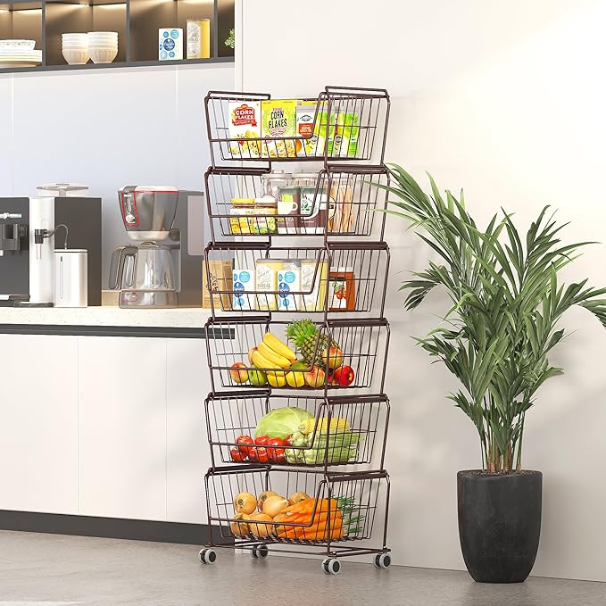 PUSDON Stackable Metal Storage Carts, Dual Use Shelf for Kitchen Fruit Vegetable Baskets with Wheels, Storage Rack for Living Room, Home & Office, Standard Bronze 6 Tiers