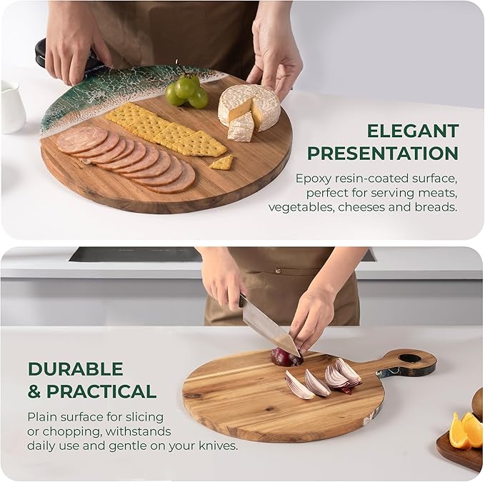 Acacia Wood Cutting Board with Ocean Resin Art, 14.6”x10.2”, Includes Stand & Loofah, Handcrafted Charcuterie Cheese Board & Serving Platter, Great for Décor, Housewarming, Weddings (Round)