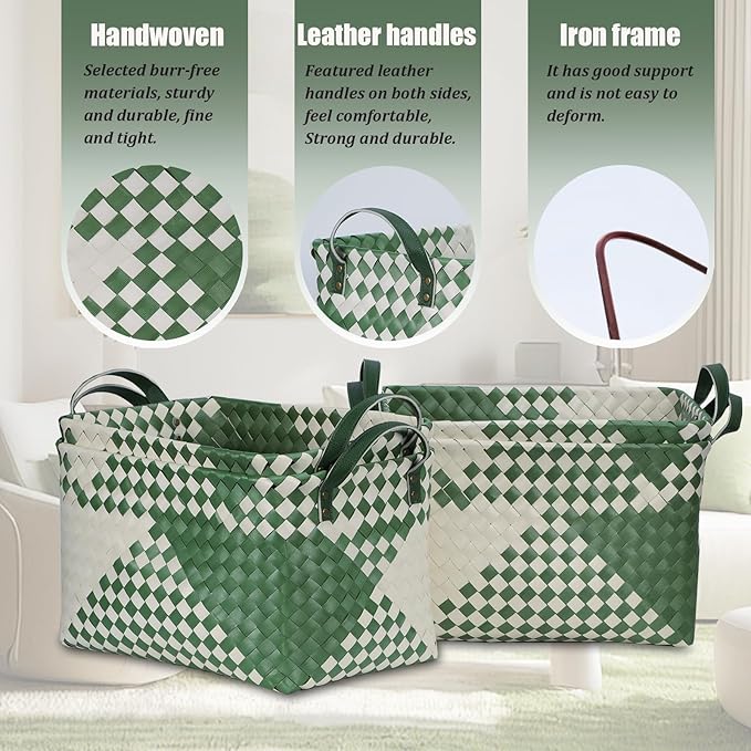 BROWNLILY Handwoven Clothes Basket Laundry Hampers Large Wicker Storage Baskets for Shelves Blankets Closet Storage Bins Car Bedroom Bathroom Organizers and Storage Bath (Pack of 4, Green&White)