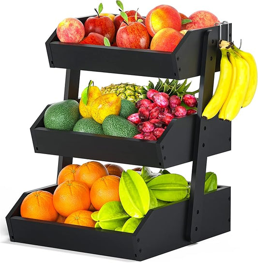 Bamboo Fruit Basket for Kitchen – 3 Tier Fruit Bowl For Kitchen Counter, Large Fruit Holder With 2 Banana Hangers, Idea For Fruit and Vegetable Storage, Bread Basket, Snack Organizer(BLACK)