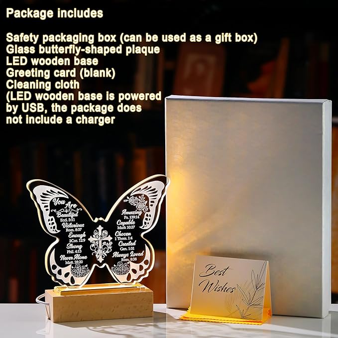 Ornalrist Christian Gifts for Women - Butterfly Inspirational Religious Gifts with Bible Verses and Prayers Rose Cross for Her, Mom, Friend, Sister - Religious Glass Keepsake Warm LED Light Base