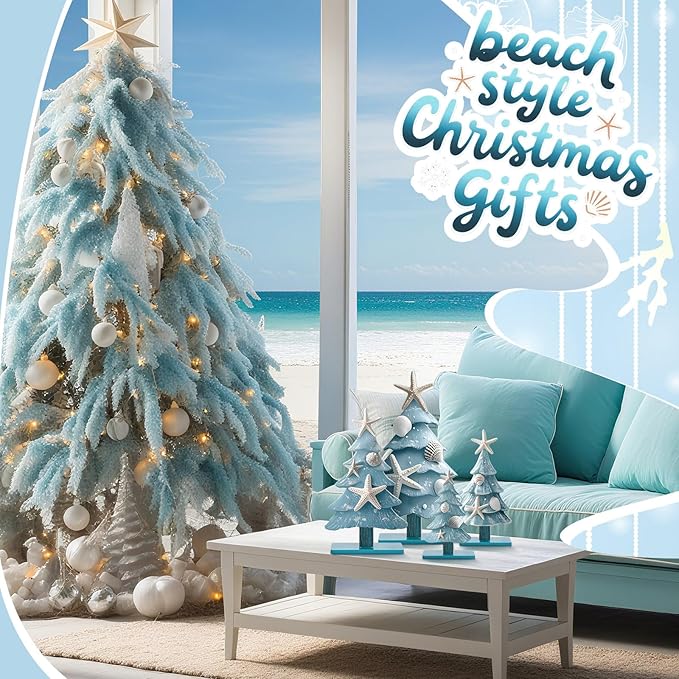 Barydat 4 Pcs Blue Coastal Christmas Table Decorations Wooden Ocean-Themed Christmas Tree Centerpieces Table Decor for Xmas Party Gifts Home Indoor Home Kitchen Office Room Decor