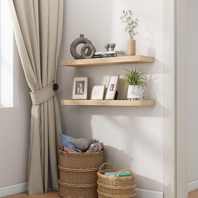 fuqing Natural Wood Floating Shelves for Wall, 30 Inch Wood Floating Shelves Set of 2, Natural Wooden Wall Shelves for Living Room Bedroom Home Office - Natural