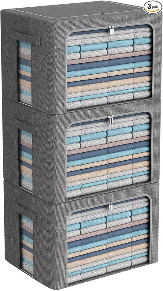 3Pack Foldable Storage Bins - Frame Storage Box Linen Fabric Stackable Clothes Container Organizer with Clear Window & Carry Handles Large Capacity (Extra Large-100L, Dark Gray)