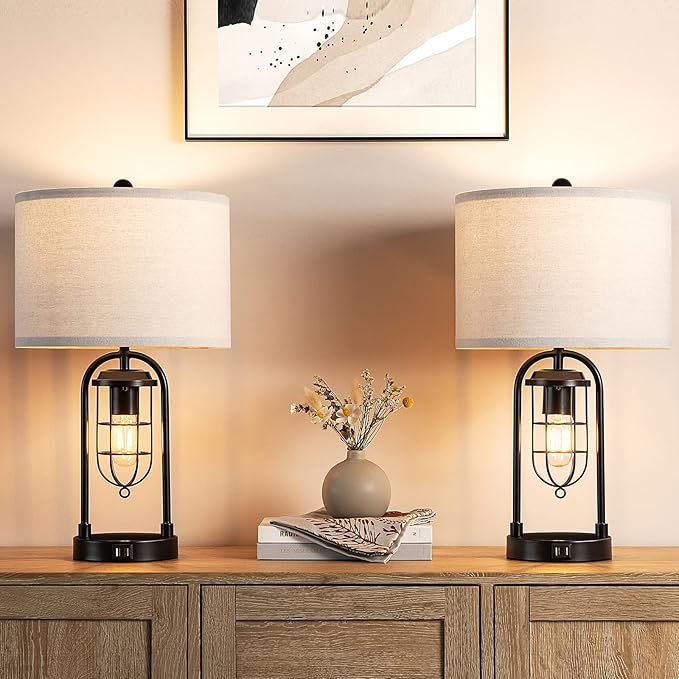 Kyrid 21'' Table Lamps Set of 2 with Night Light and USB Port Industrial Modern Nightstand Lamp Set (Bulbs Included)