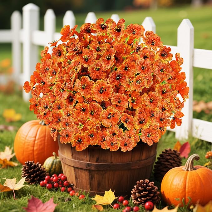 24 Bundles Artificial Fall Flowers for Outdoors, Realistic Fake Silk Flowers for Outside Decoration, Autumn Faux Plants Outdoor Planter Window Box Porch Patio Decor(Orange)