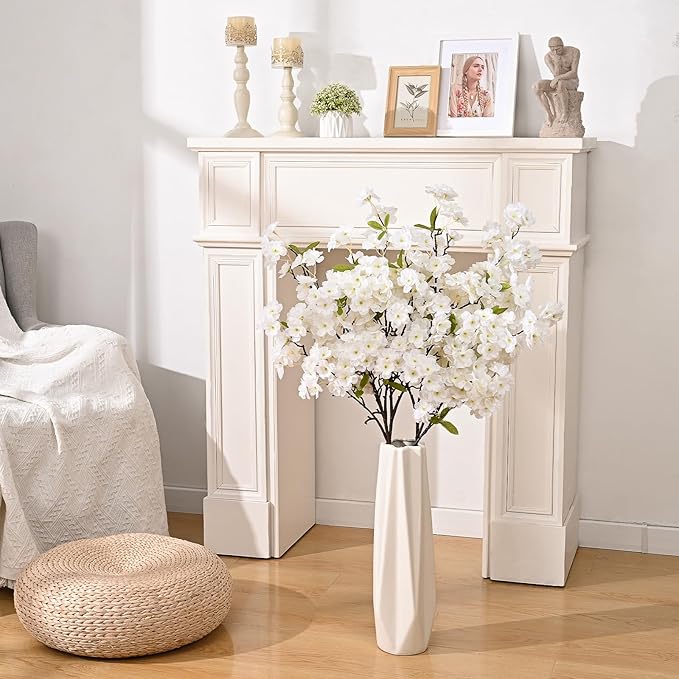 Sunm Boutique White Cherry Blossom Flowers, Artificial Cherry Blossom Decor Faux Cherry Blossom Branches Vase Arrangements for Wedding Home Party Kitchen Decor, Set of 3